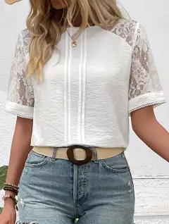 Crew Neck Lace Trimmed Pullover Blouse