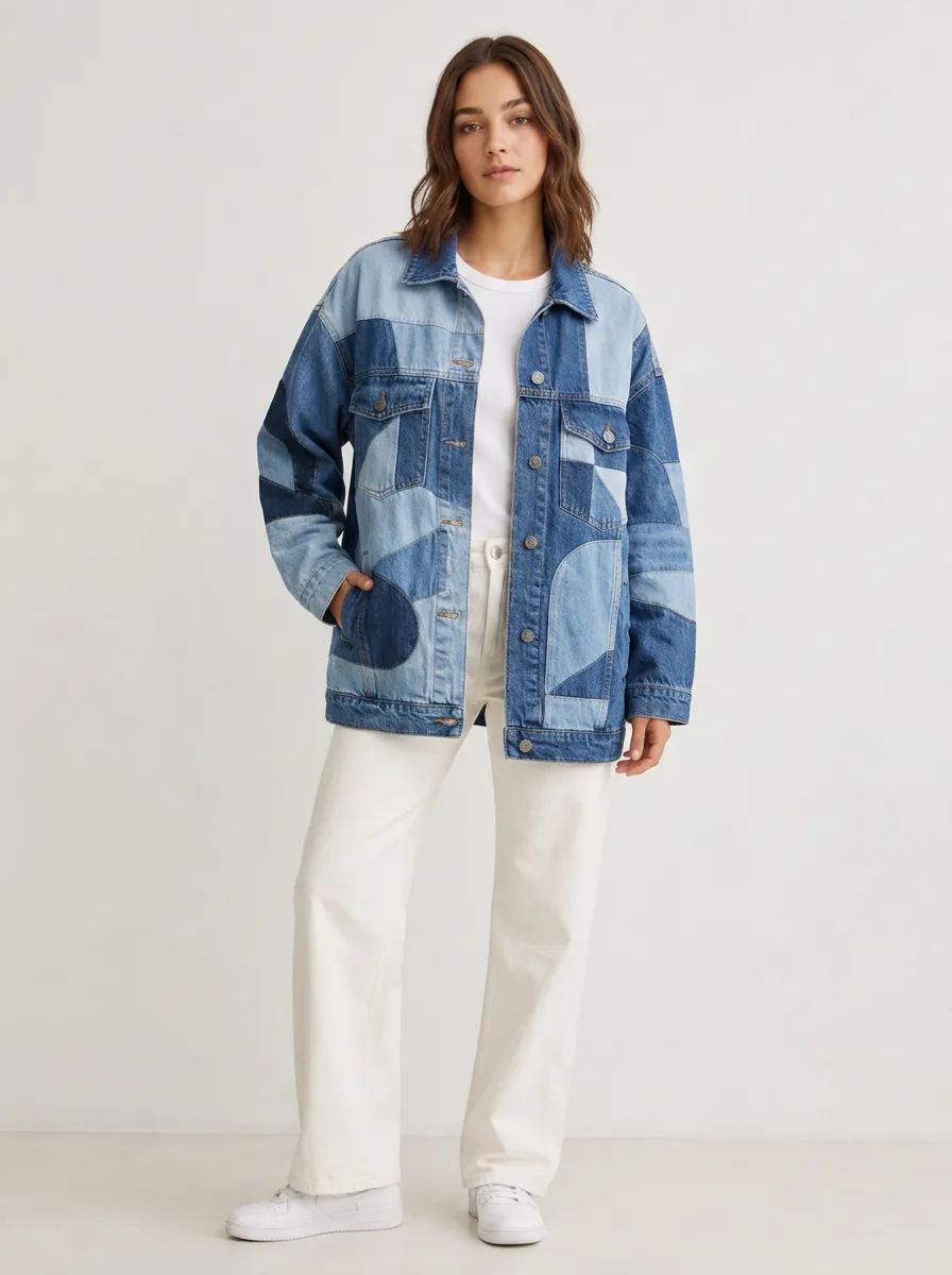 Women's Vintage Patchwork Relaxed Boxy Denim Jacket