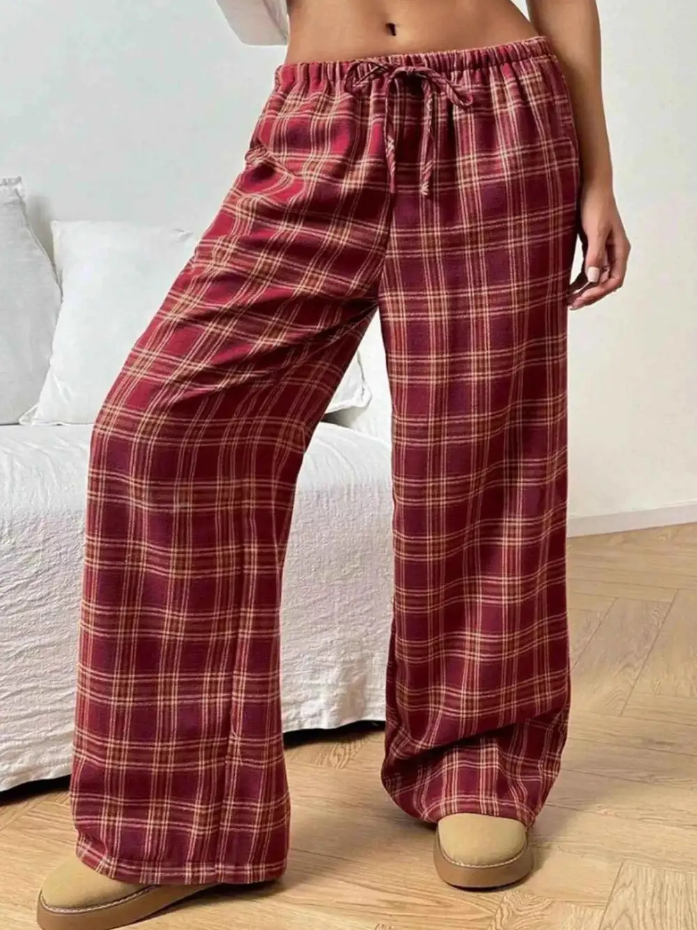 Plaid Drawstring Wide-Leg Pants