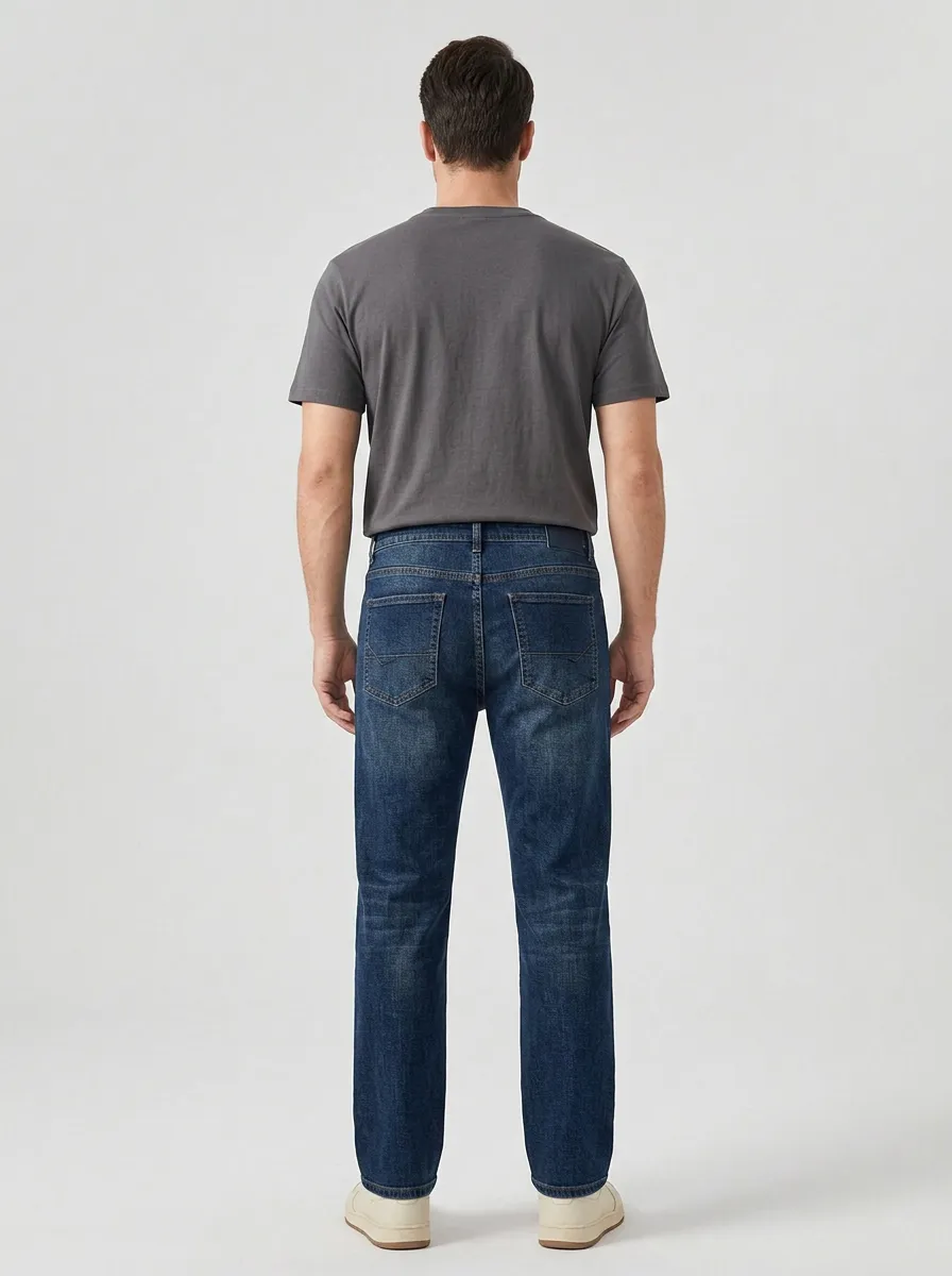 Men's Casual Fashion Dark Wash Patterned Pocket Straight Jeans