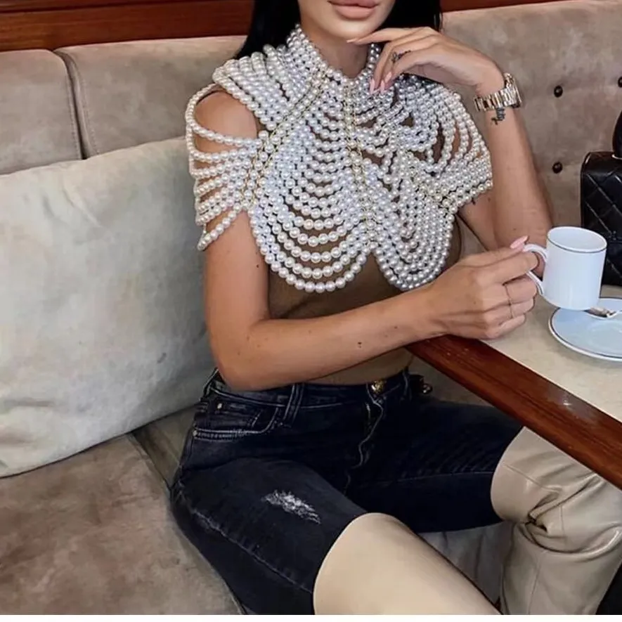 Beaded Pearl Necklace Fringe Shawl