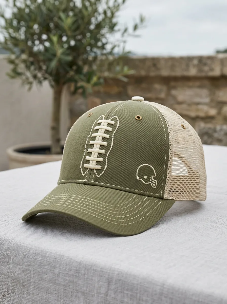 Men's Football Fan Olive Green Laces Embroidered Mesh Trucker Cap