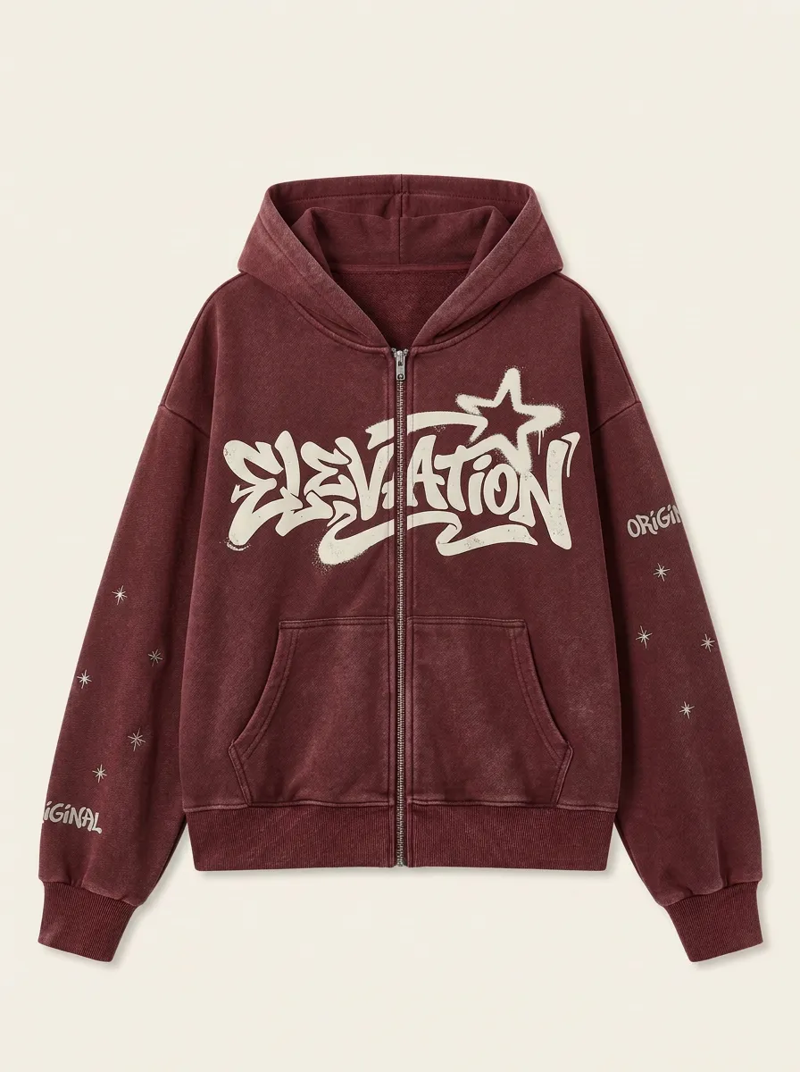 Unisex Streetwear Elevation Graffiti Star Printed Zip-up Hoodie