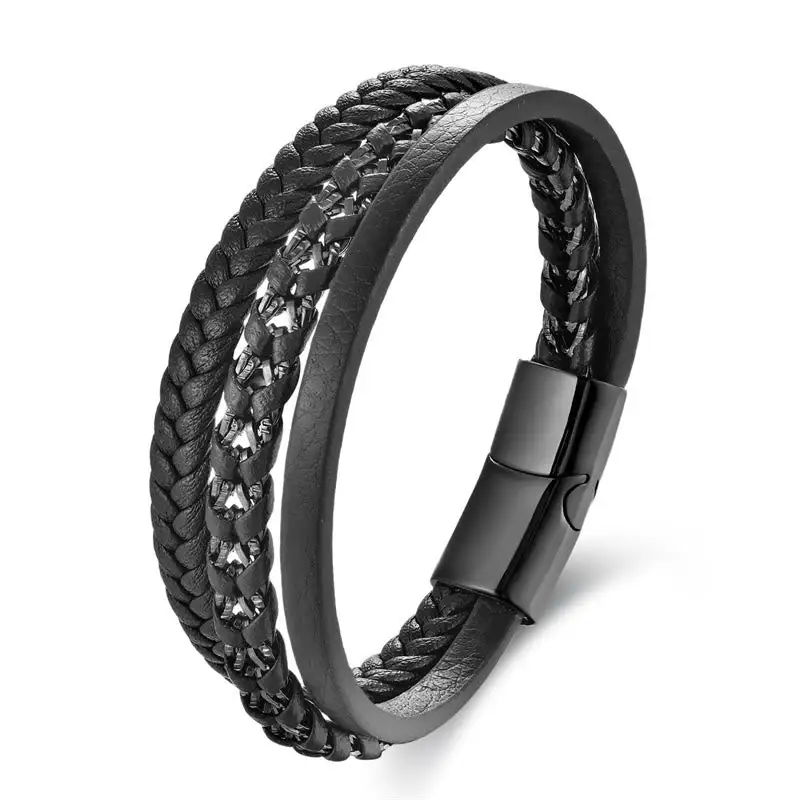 Braided Design Titanium Steel Multi Layer Leather Bracelet