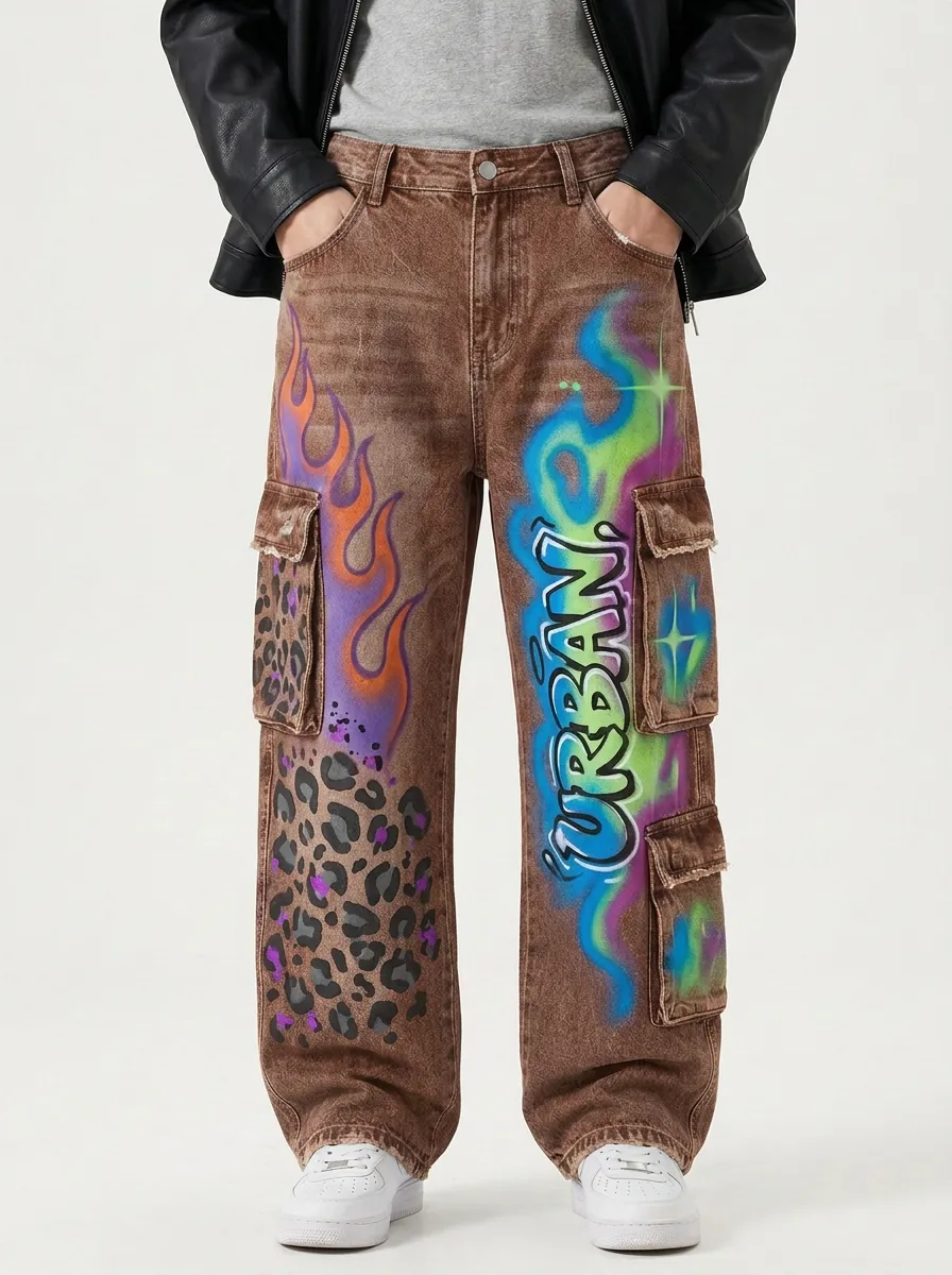 Men's Streetwear Urban Graffiti Flame Leopard Graphic Cargo Jeans
