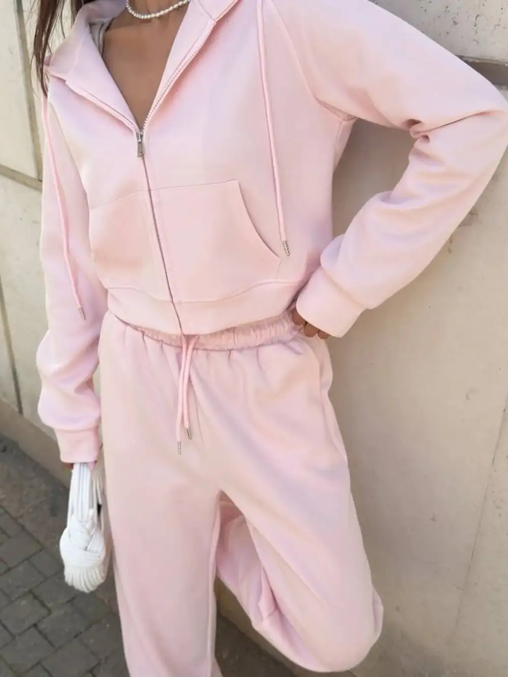 Zip Up Drawstring Hoodie And Pants Set