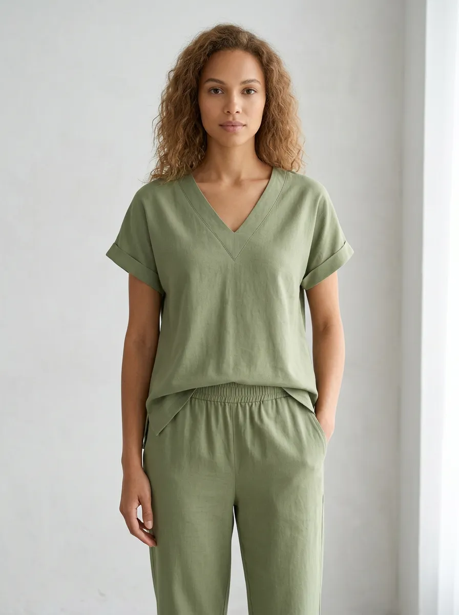 Cuffed-Sleeve Women's V-Neck Shirt