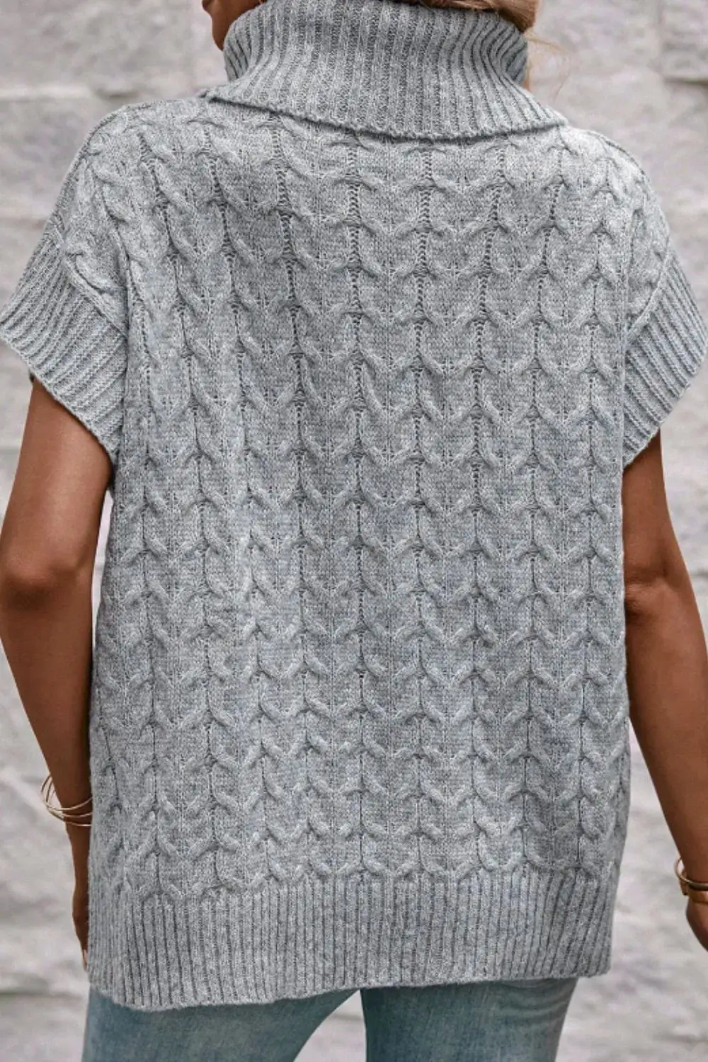 Short Sleeve Turtleneck Cable Knit Sweater