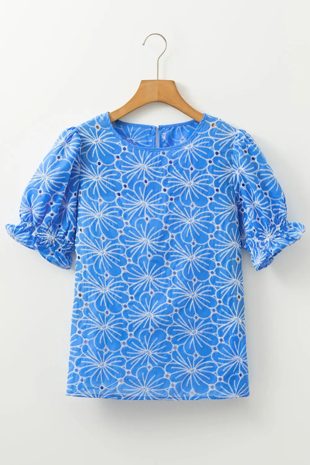 Sky Blue Eyelet Flower Embroidery Frilled Short Puff Sleeve Blouse