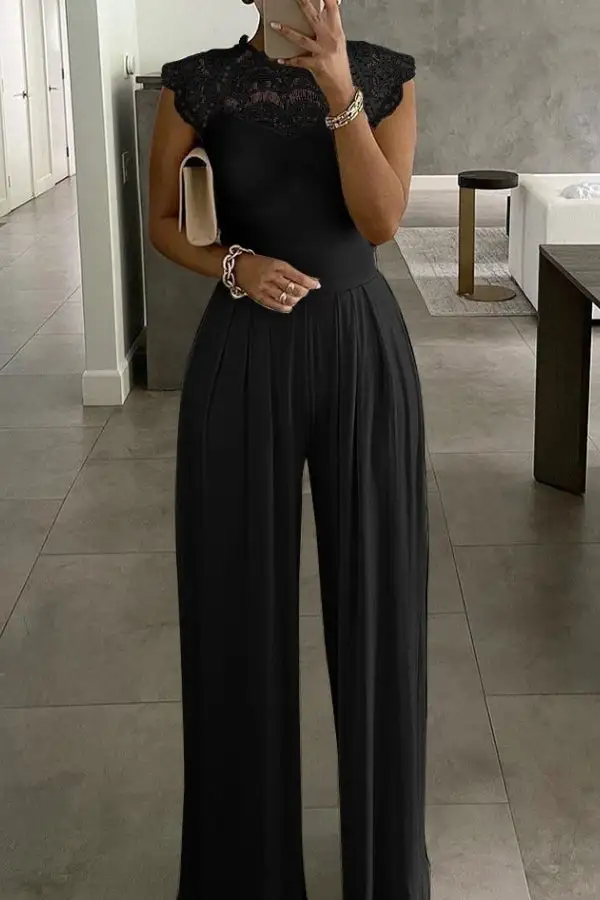 Lace Patchwork Wide-Leg Sleeveless Jumpsuit