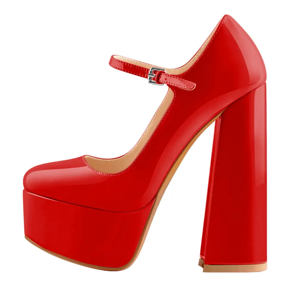 Patent Finish Pointed Toe Platform Chunky Heel Pumps