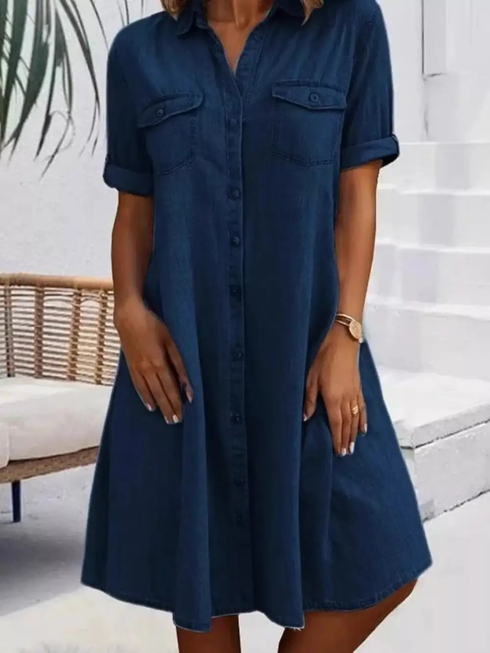 Soft Touch Denim Button Front Short Sleeve Dress