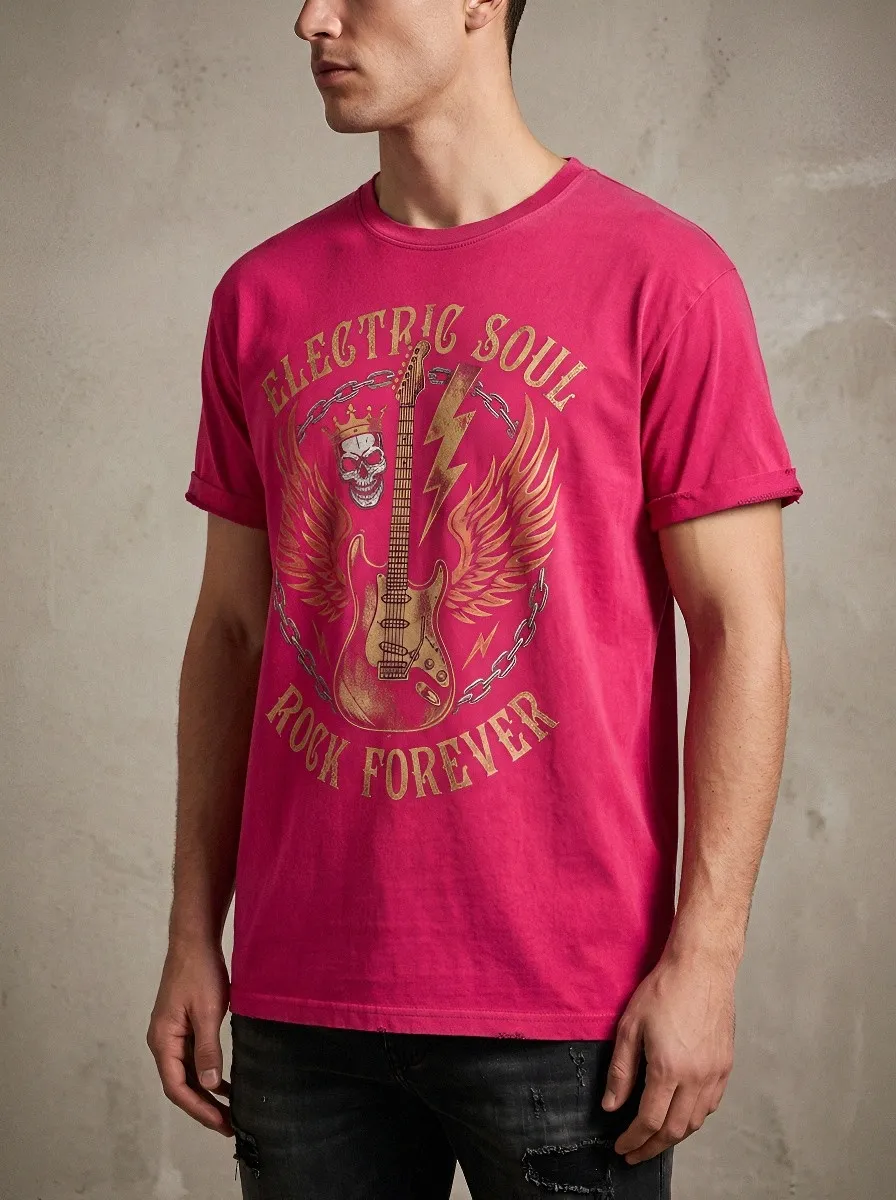 Men's Rock Music Lover Skull Guitar Wings Printed T-shirt