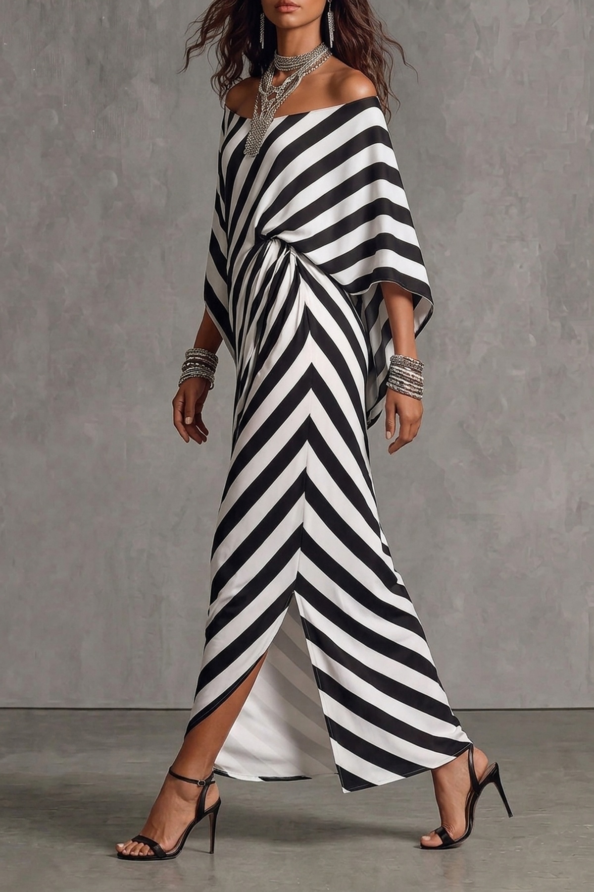 Off Shoulder Striped Printed Maxi Dress