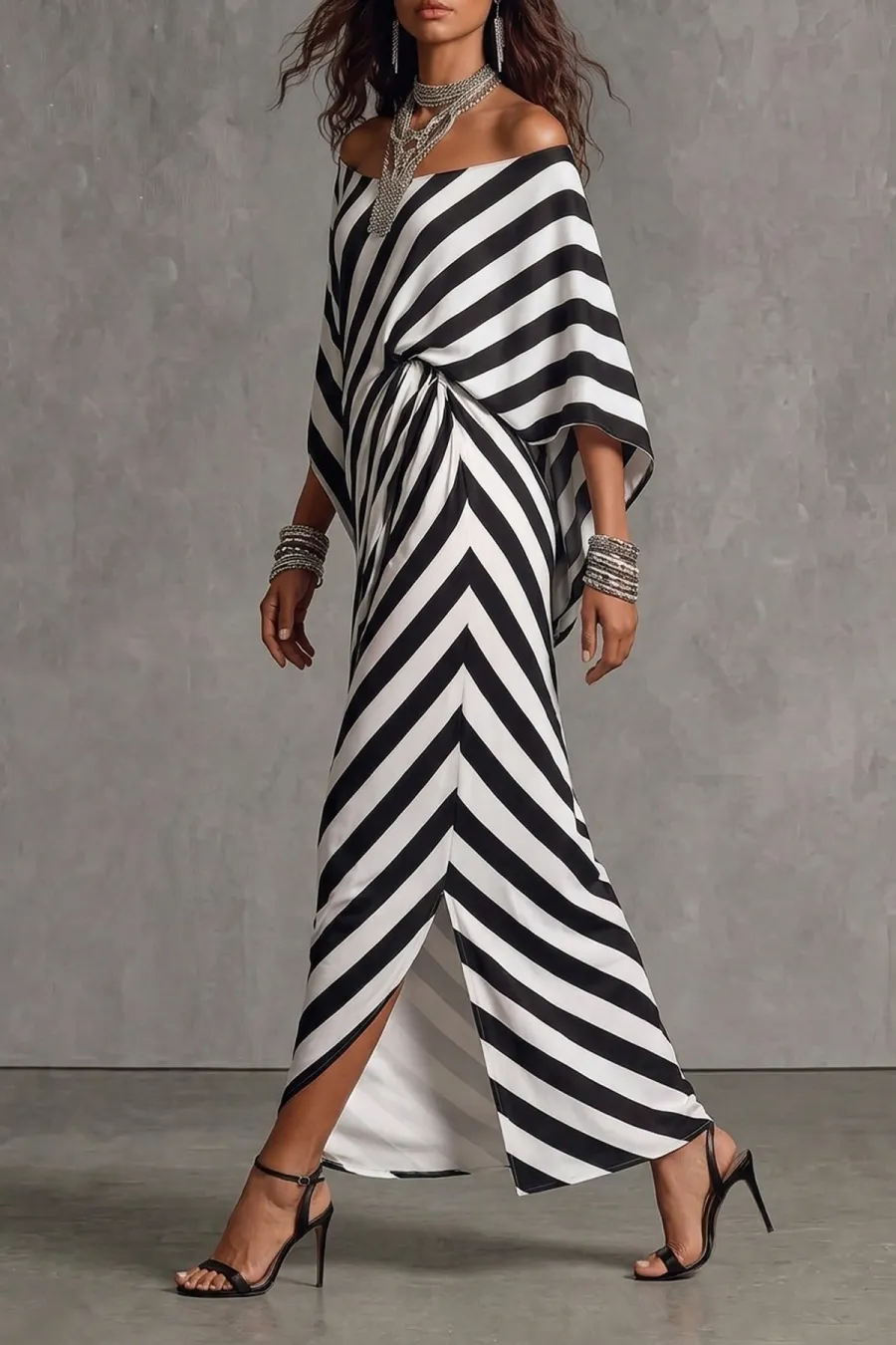 Off Shoulder Striped Printed Maxi Dress