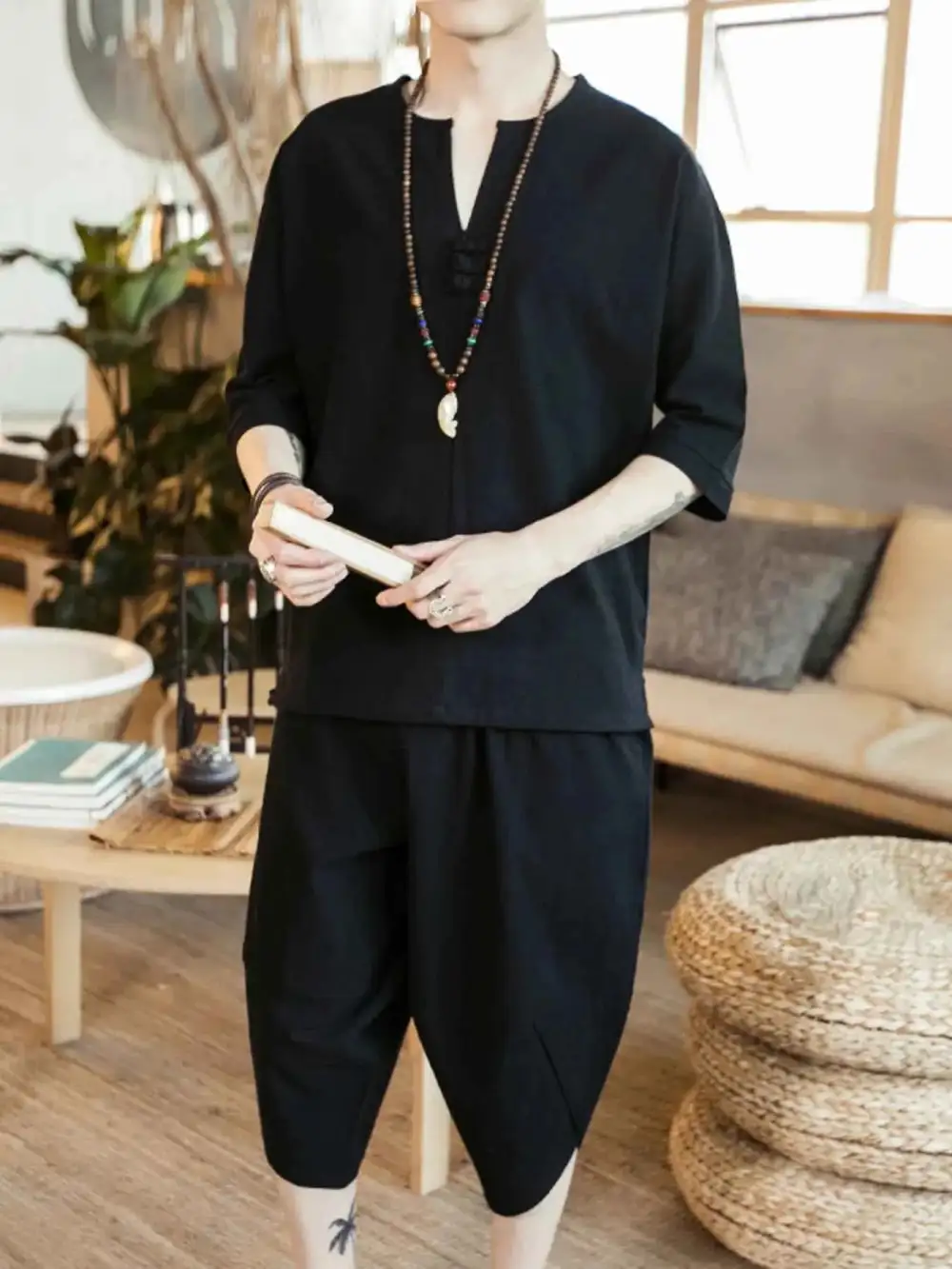 Notched Half Sleeve Top and Cropped Pants Set
