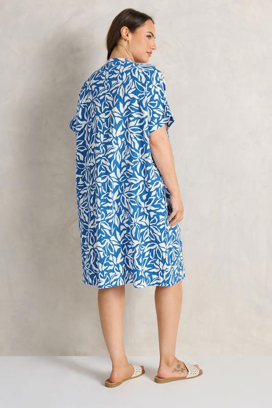 Blue Premium Linen Leaf Print Shift Dress detail 3