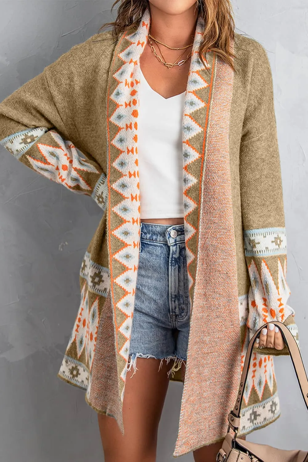 Aztec Print Open Front Knit Cardigan