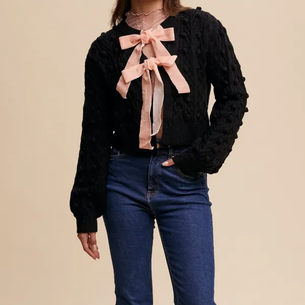 Modern Open Front Tie Front Cable Knit Ribbed Cardigan
