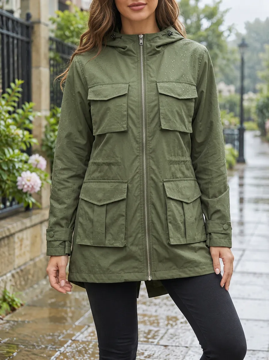 Women's Olive Green Utility Hooded Waterproof Jacket with a Hood
