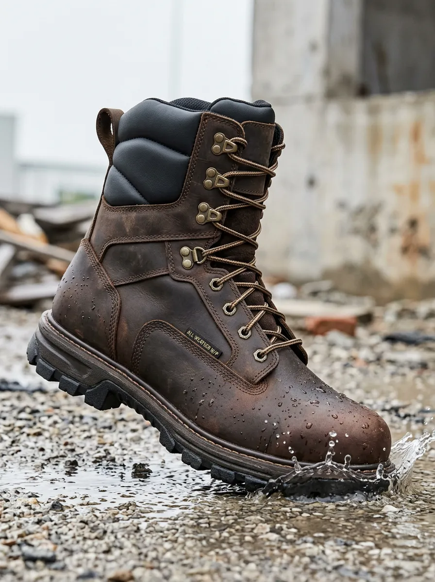 Unisex All-Weather Brown Leather Waterproof Work Boots