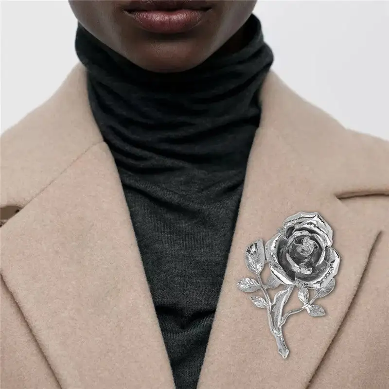 Metal Sculptural Rose Flower Brooch Bracelet Necklace