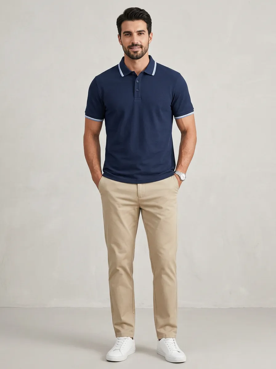 Men's Navy Blue White Light Blue Tipped Textured Polo Shirt