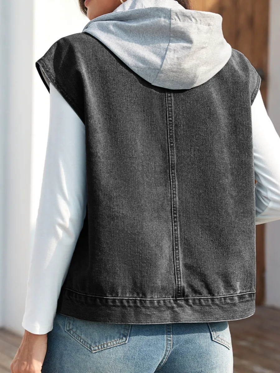 Drawstring Button-up Sleeveless Denim Jacket