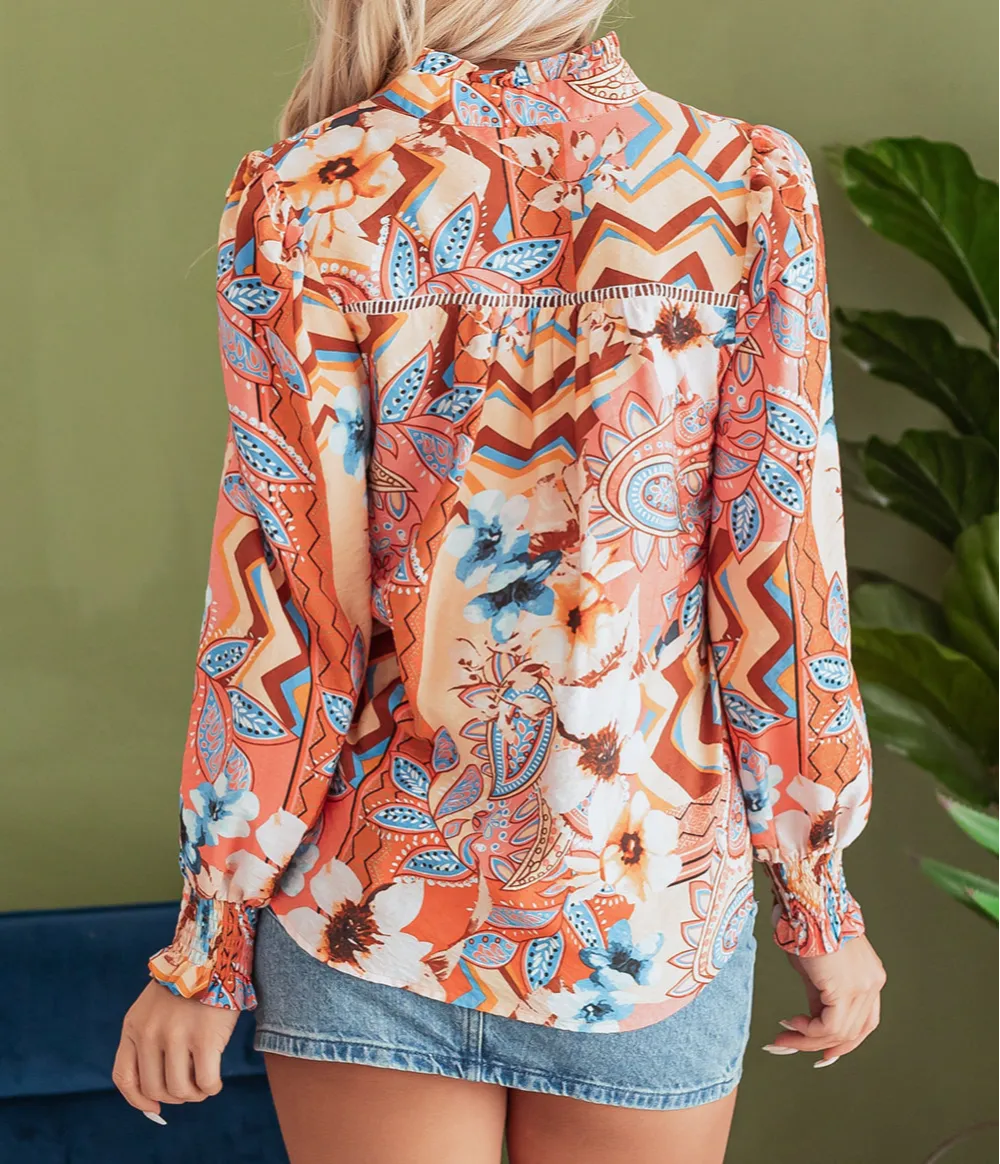 Floral Shirred Relaxed Fit Shirt Blouse