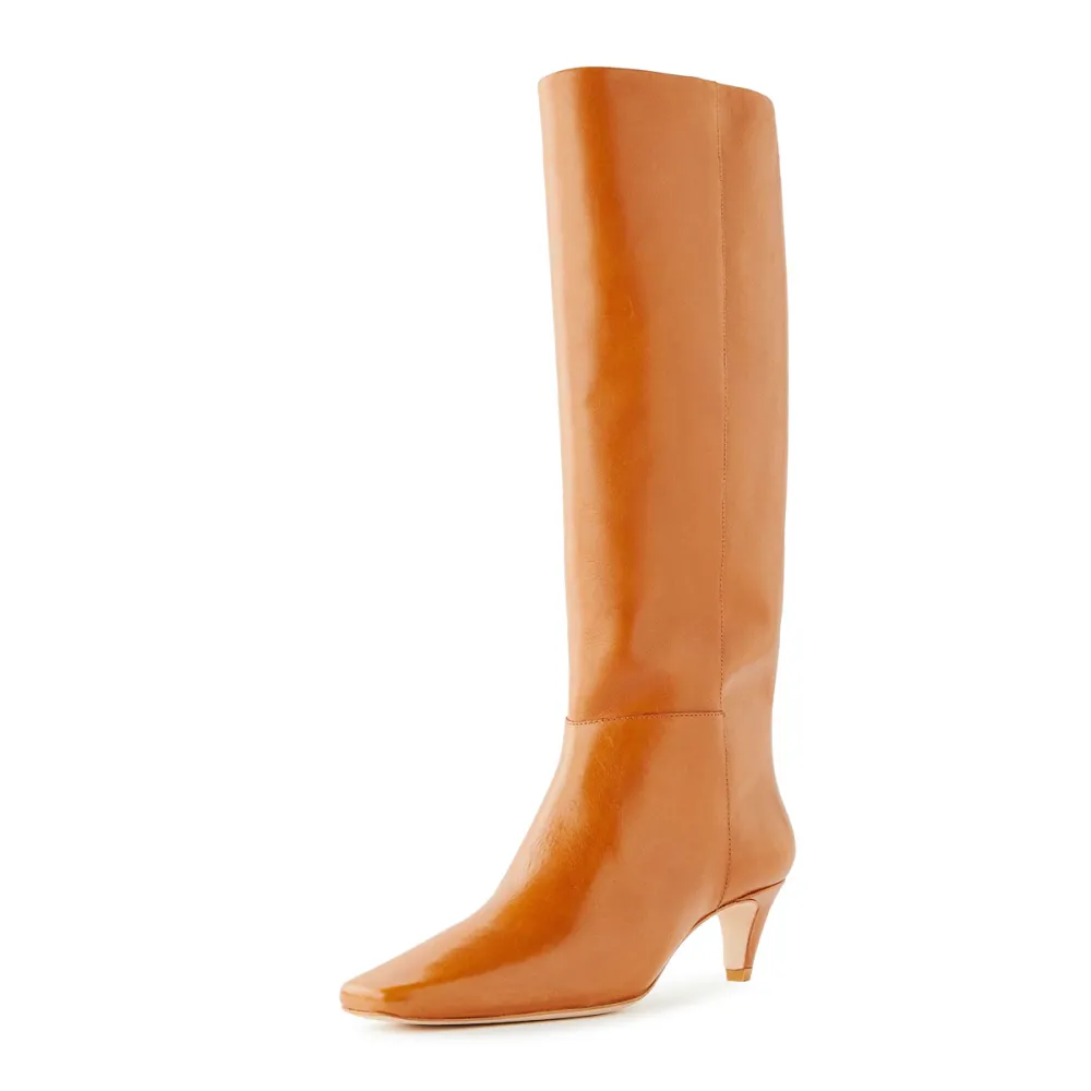 Faux-Leather Pull-On Square-Toe Kitten-Heel Knee-High Boots