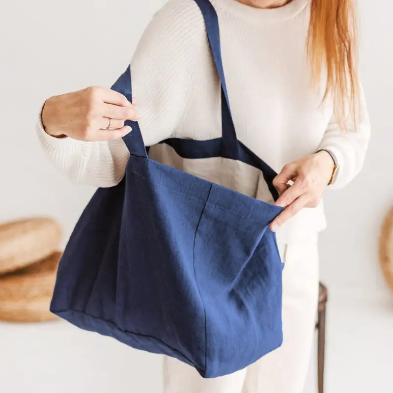 Large Pure Linen Beach Bag Solid Color Handbag Eco-Friendly