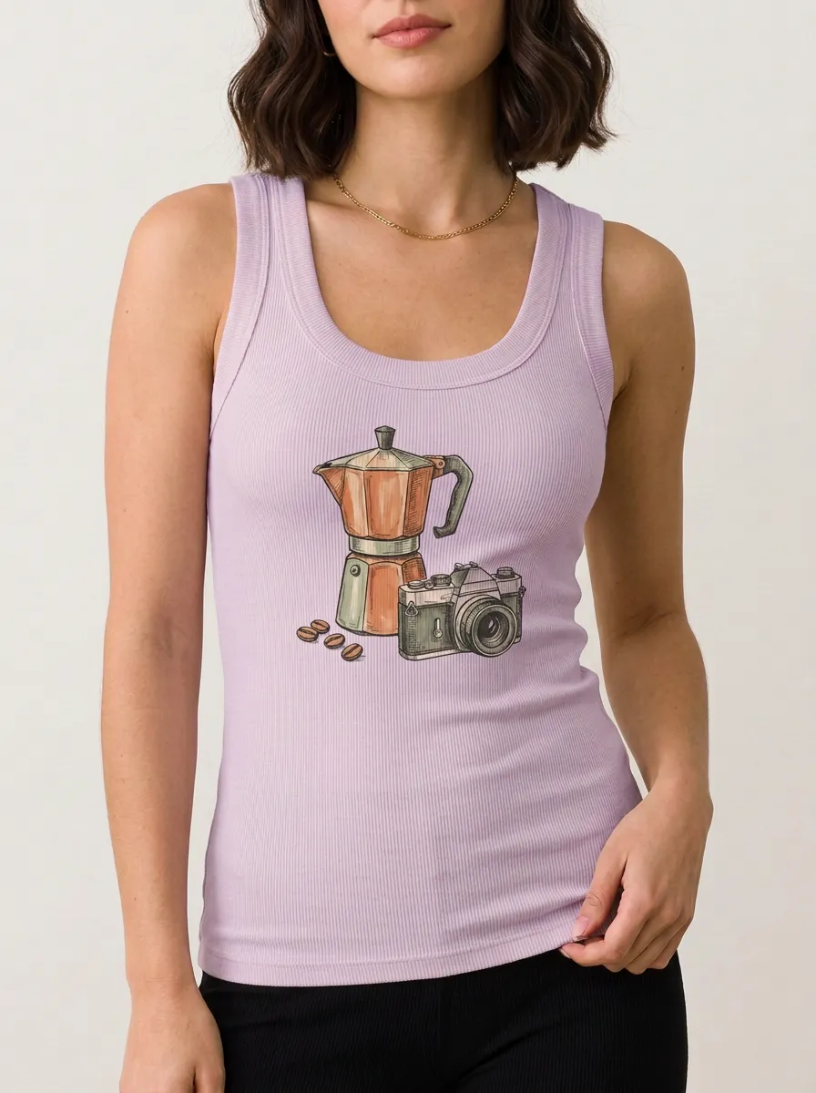 Women's Coffee Photography Moka Pot Camera Graphic Tank Top