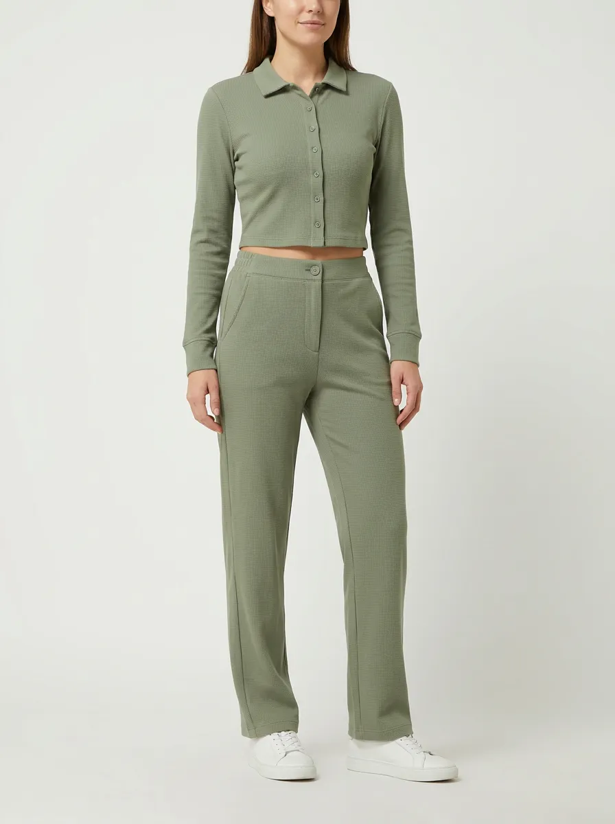 Women's Waffle-Knit Button-Down Polo Crop Top and Straight-Leg Trouser Set