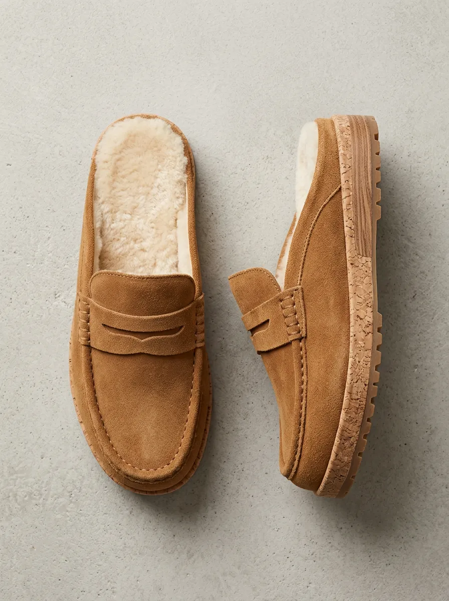 Women's Faux Fur Lined Casual Suede Wood Sole Loafers