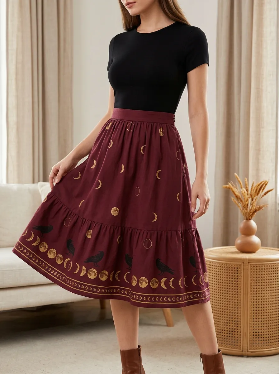 Women's Halloween Gothic Raven Moon Phase Printed Skirt