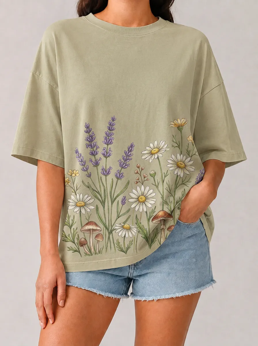 Women's Botanical Nature Lover Lavender Daisy Mushroom Printed T-shirt