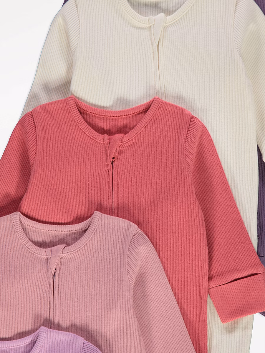 Ribbed Long Sleeve 2 Way Zip Sleepsuits 7 Pack detail 1