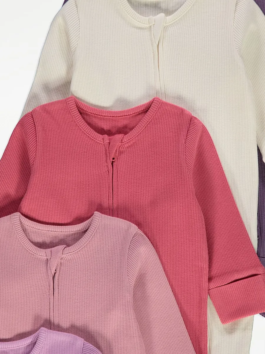 Ribbed Long Sleeve 2 Way Zip Sleepsuits 7 Pack