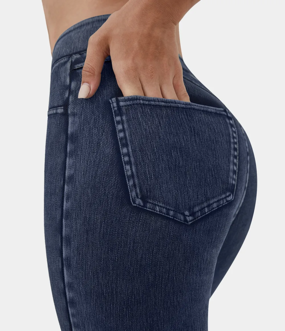 Magic High Waisted Back Side Pocket Stretchy Knit Denim Casual Leggings