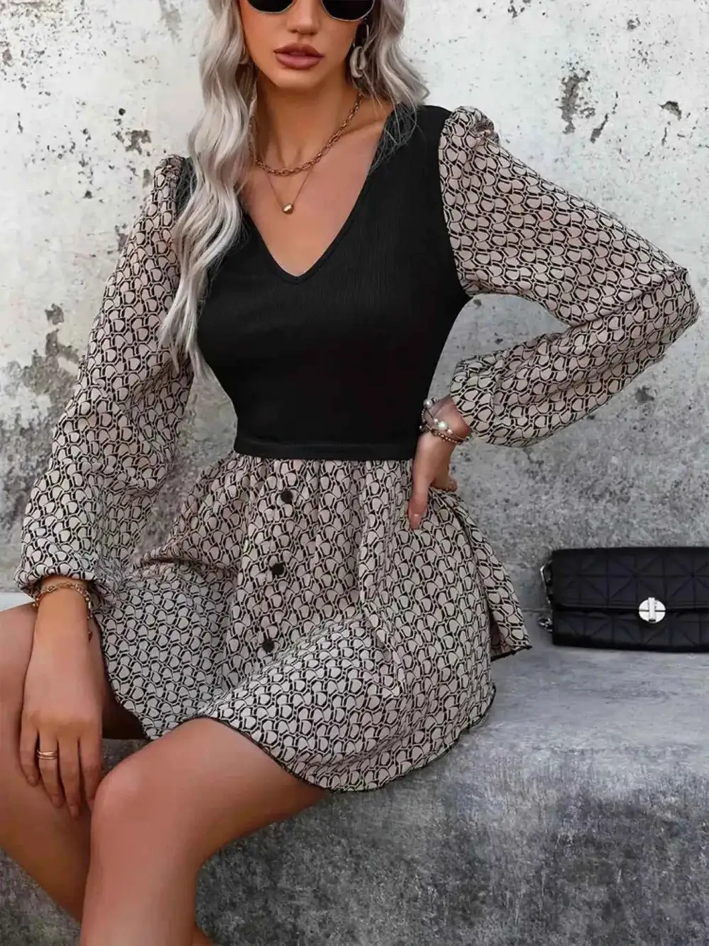 Printed V-Neck Long Sleeve Dress