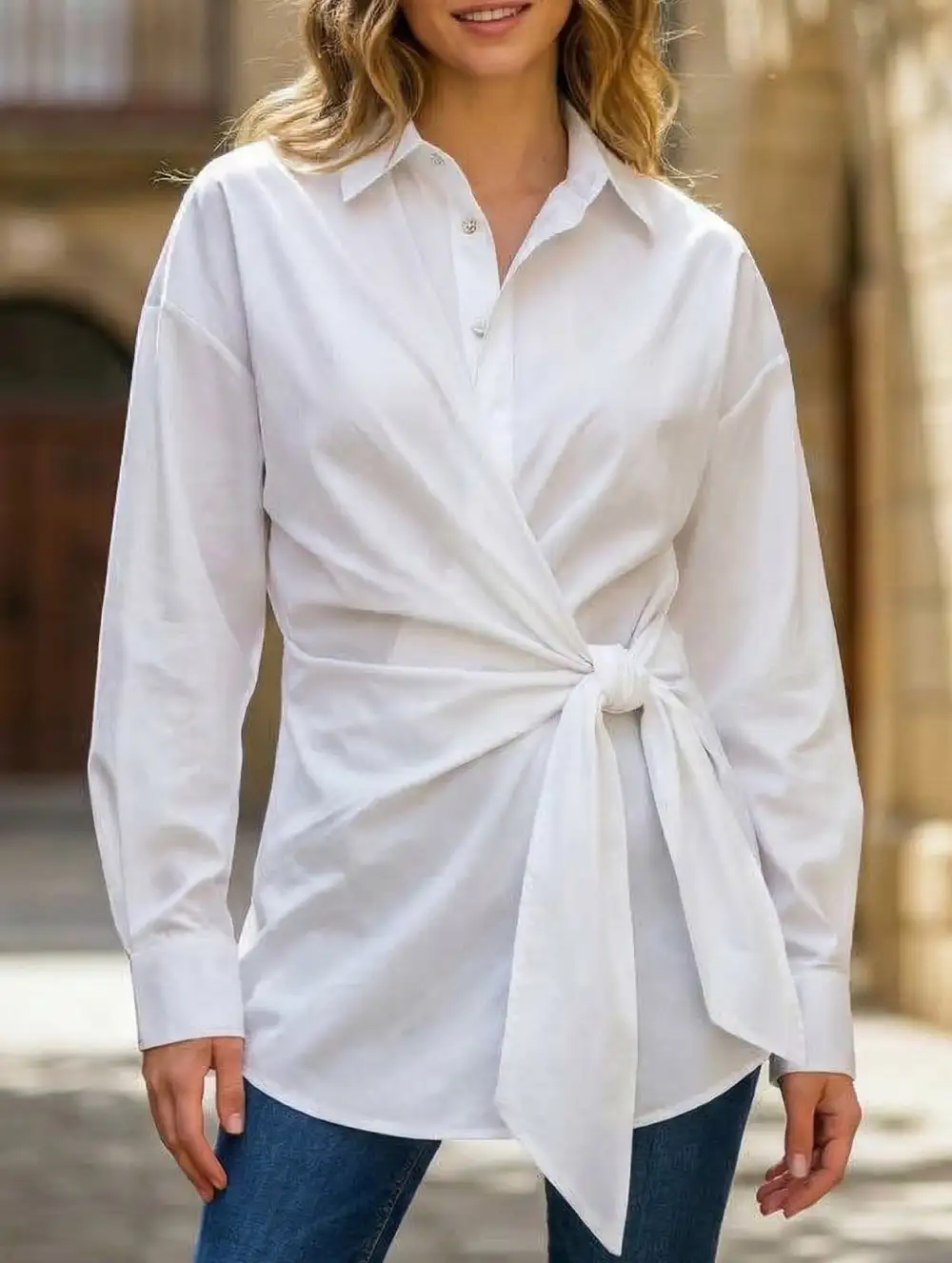 Lapel Button Tie Waist Slim Shirt