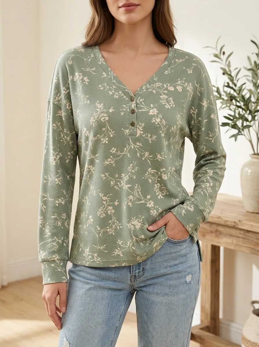 Women's Floral Botanical Sage Green Printed Waffle Knit Henley Top