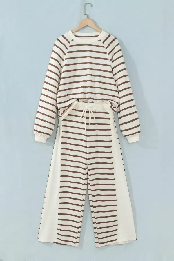 Women's Relaxed Long Sleeve Top Color Block Detail Drawstring Pant Set