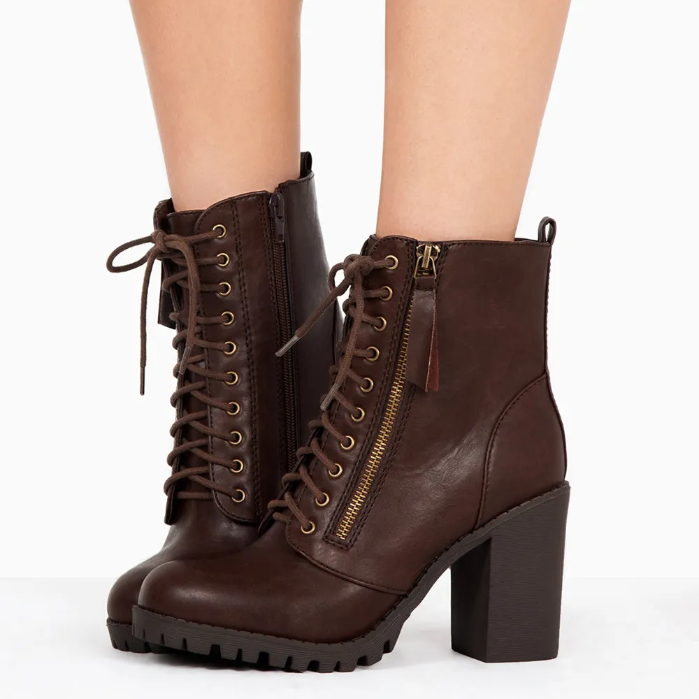 Faux-Leather Lace-Up Zip-Up Round-Toe Ankle Boots