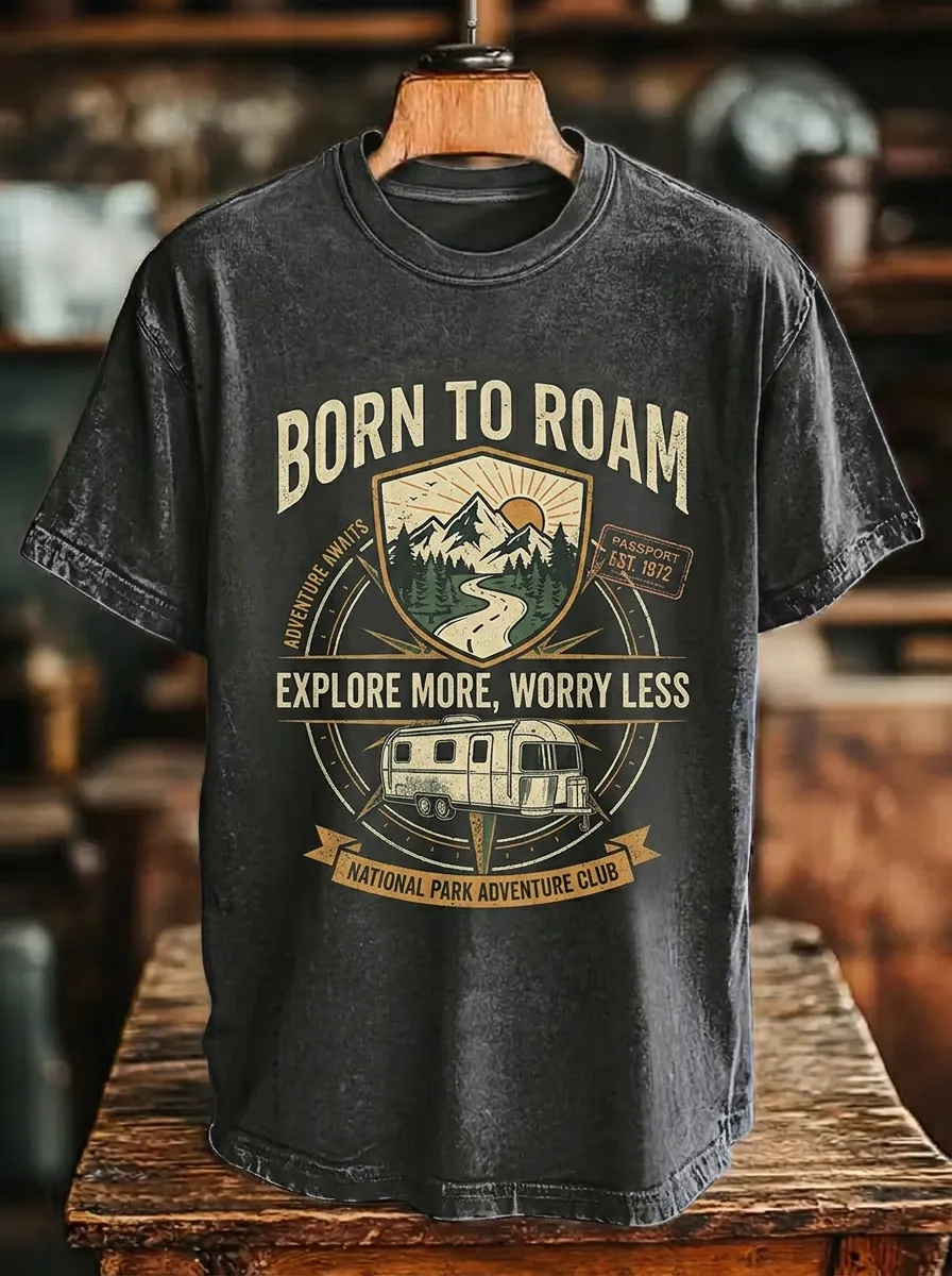 Unisex Camping Lover Born To Roam Mountain Camper Printed T-shirt