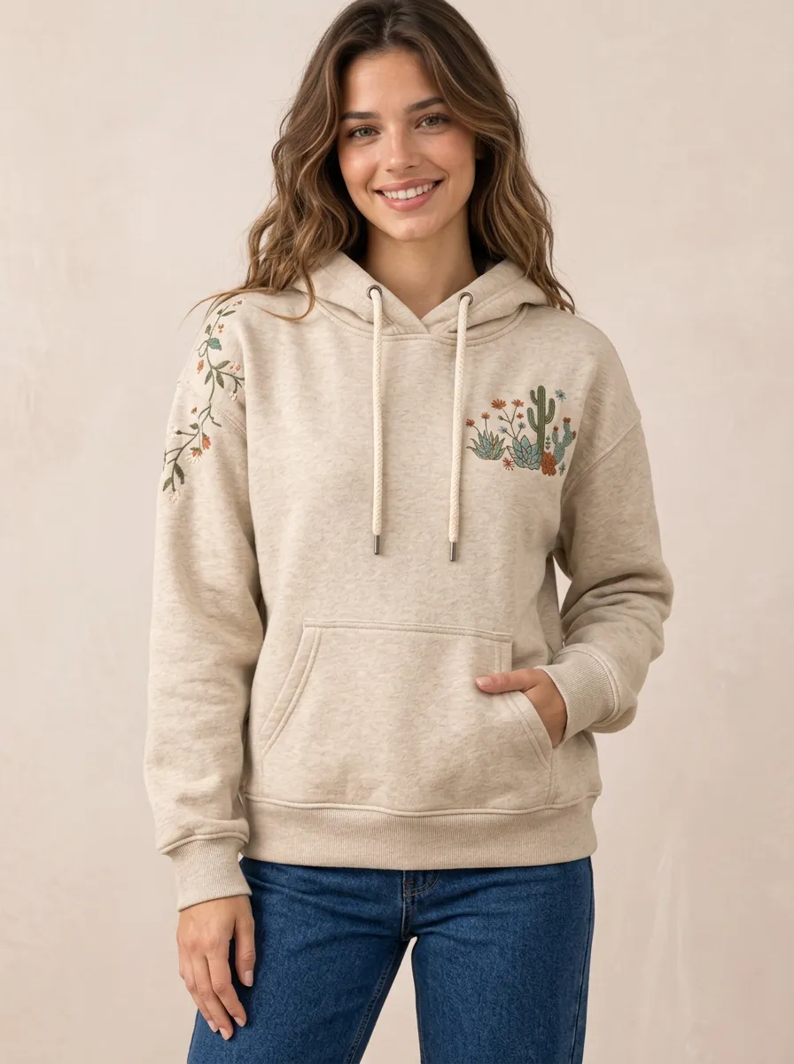 Women's Graphic Detail Botanical Floral Embroidered Graphic Hoodie