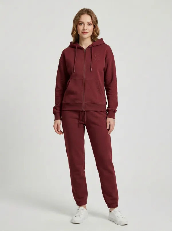 Women's Sage Green Botanical Leaf Embroidered Drawstring Hood Zip-Up Hoodie Jacket & Jogger Set
