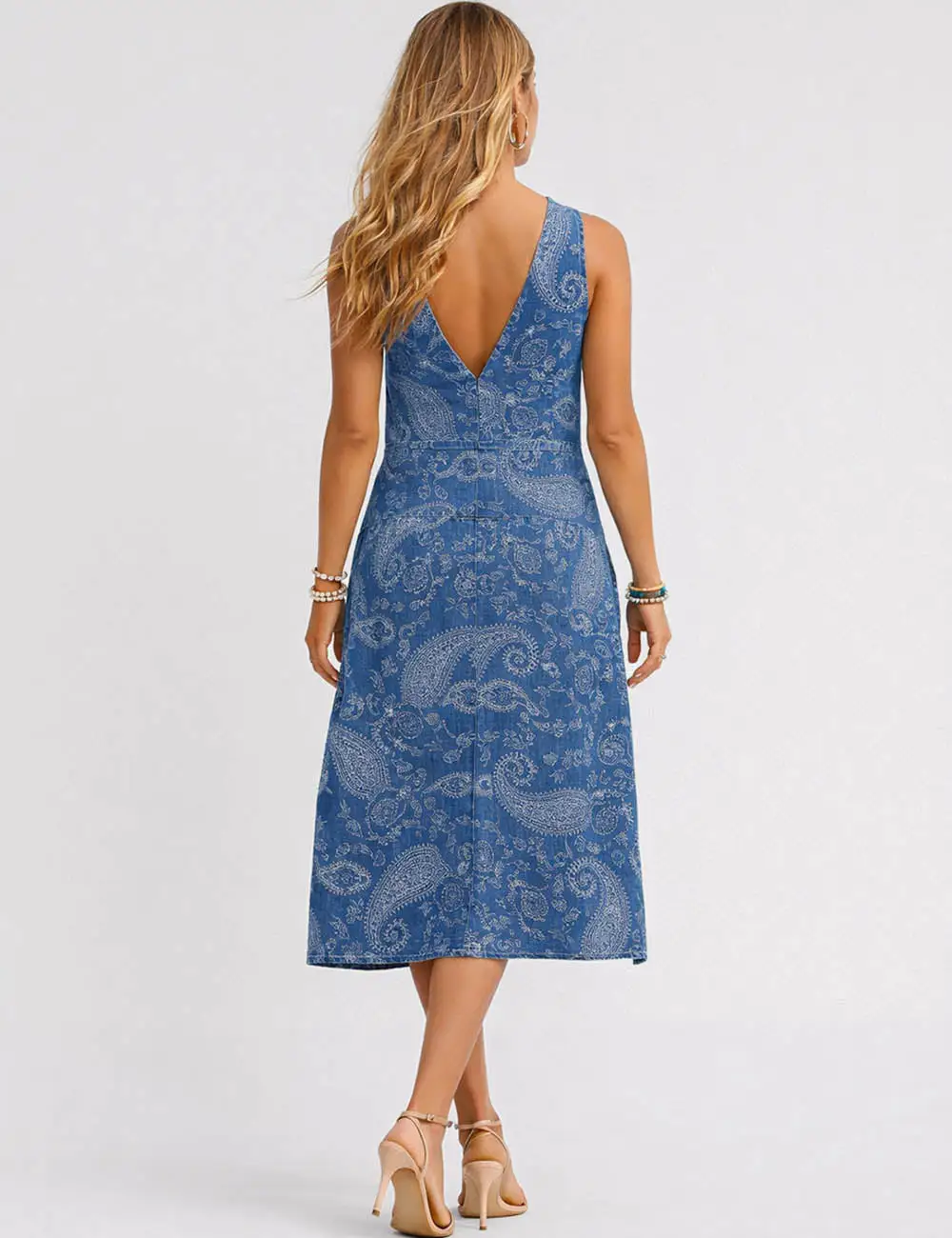 Boho Paisley Pattern Two Strap Shoulder Denim Midi Dress