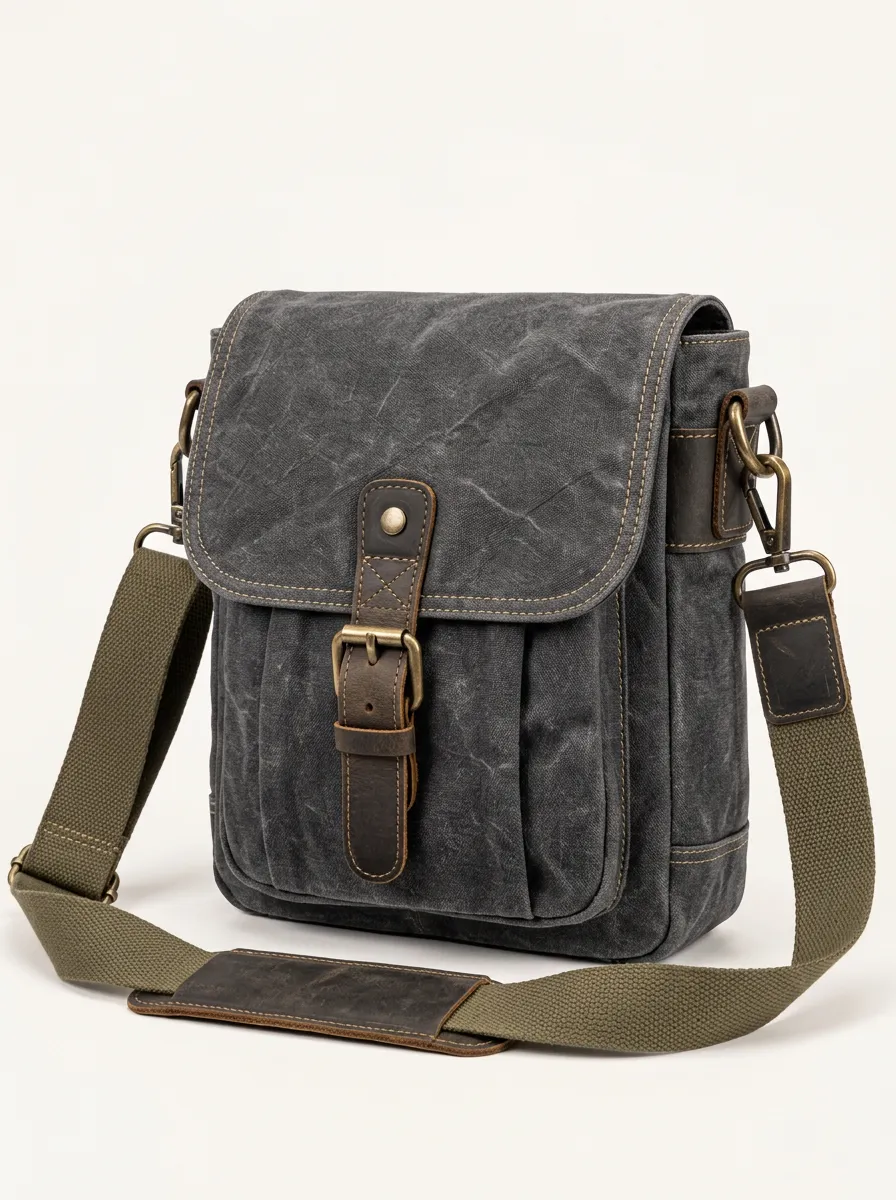 Men's Easy Carry Waxed Canvas Crossbody Bag with Leather Trim