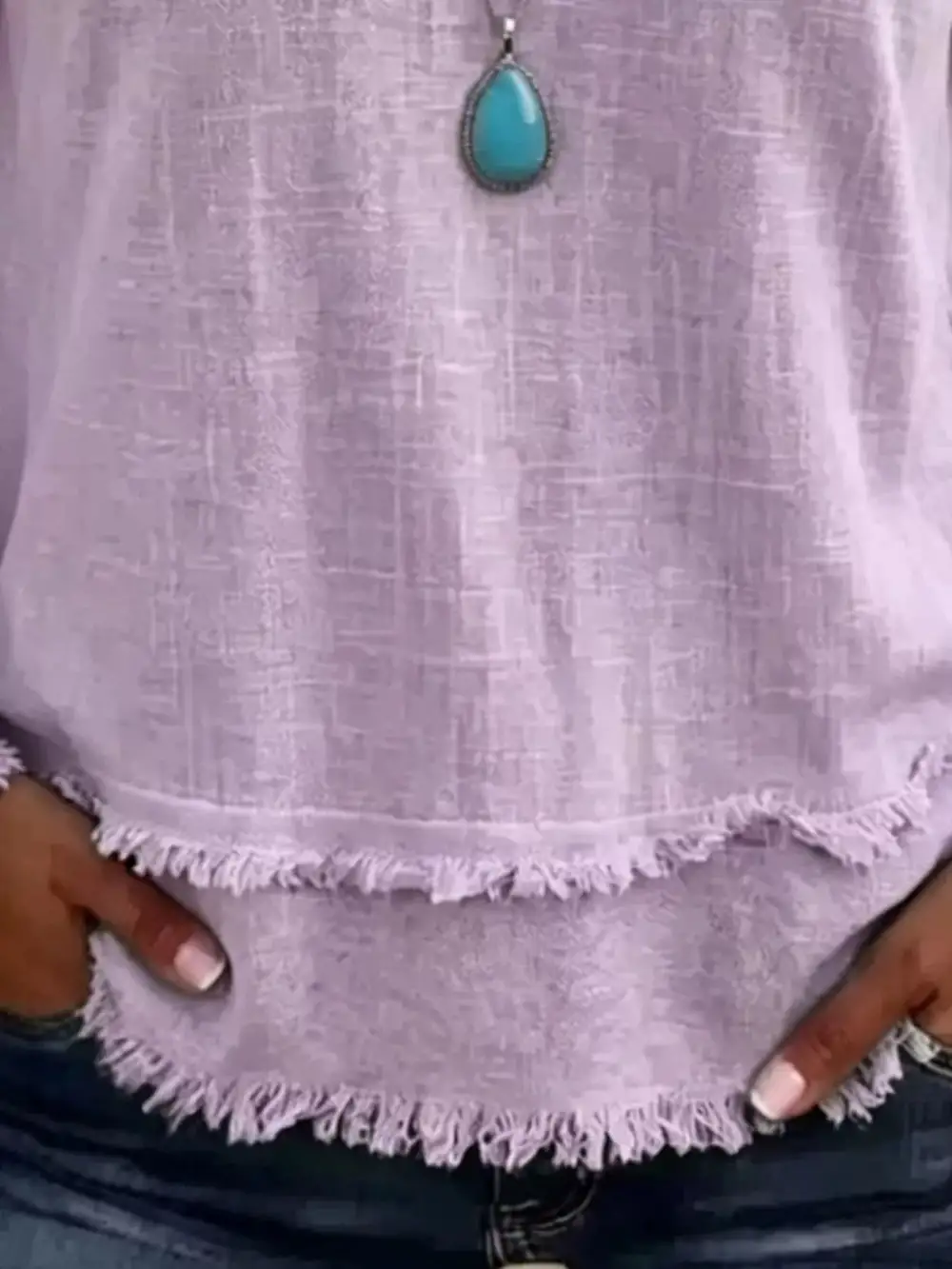 Long Sleeve V-Neck Frayed Hem Blouse